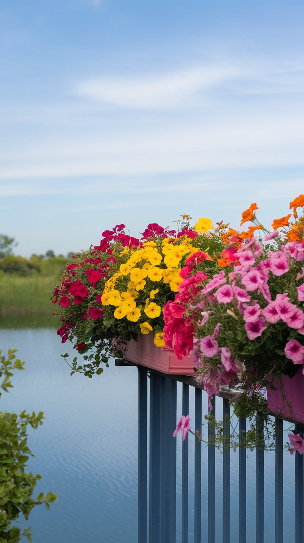Colorful flower boxes filled with various flowers on a balcony railing overlooking a calm water body.