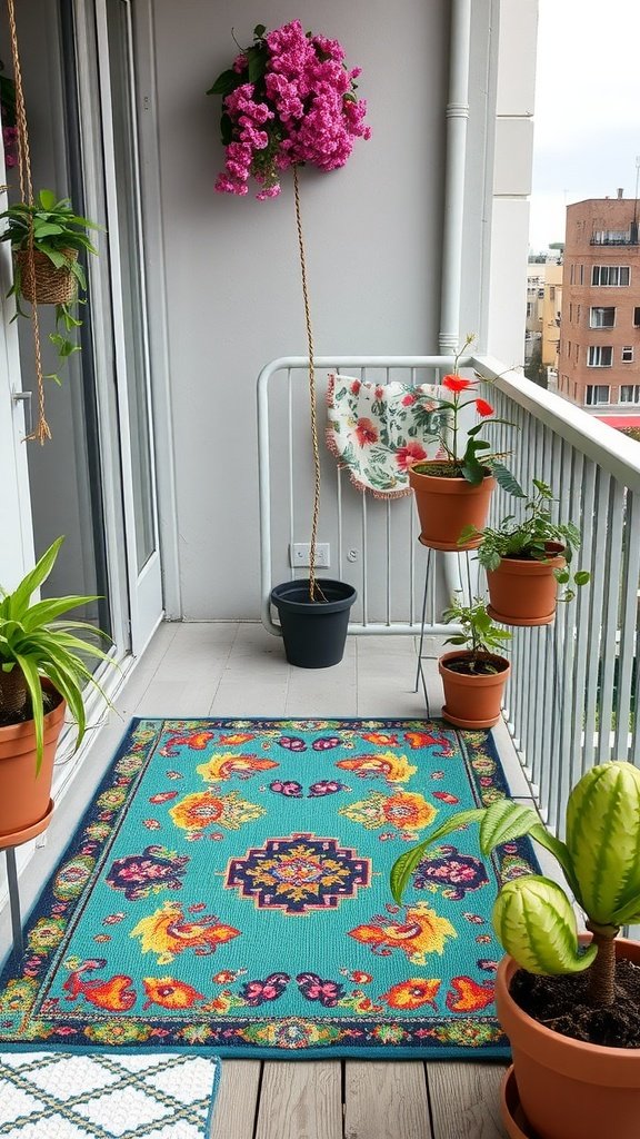 Colorful outdoor rug on a small balcony with potted plants and flowers.