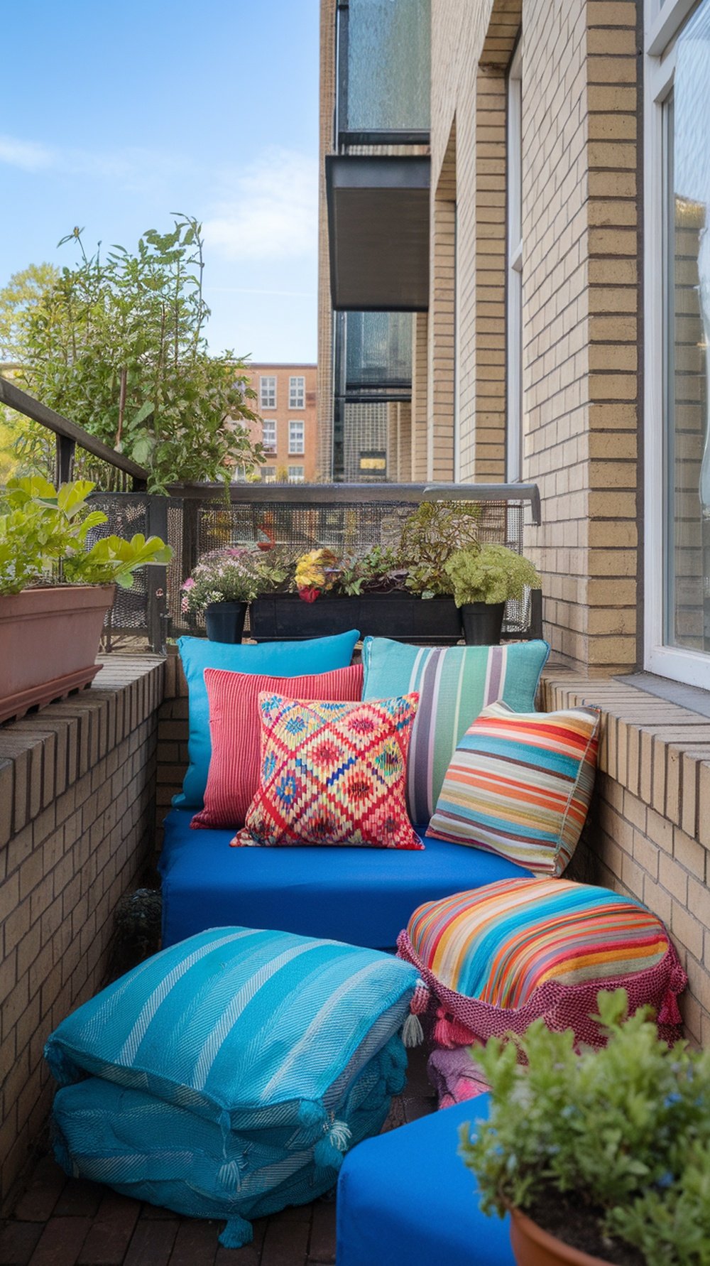A small balcony with colorful cushions and throws on blue seating, surrounded by plants.