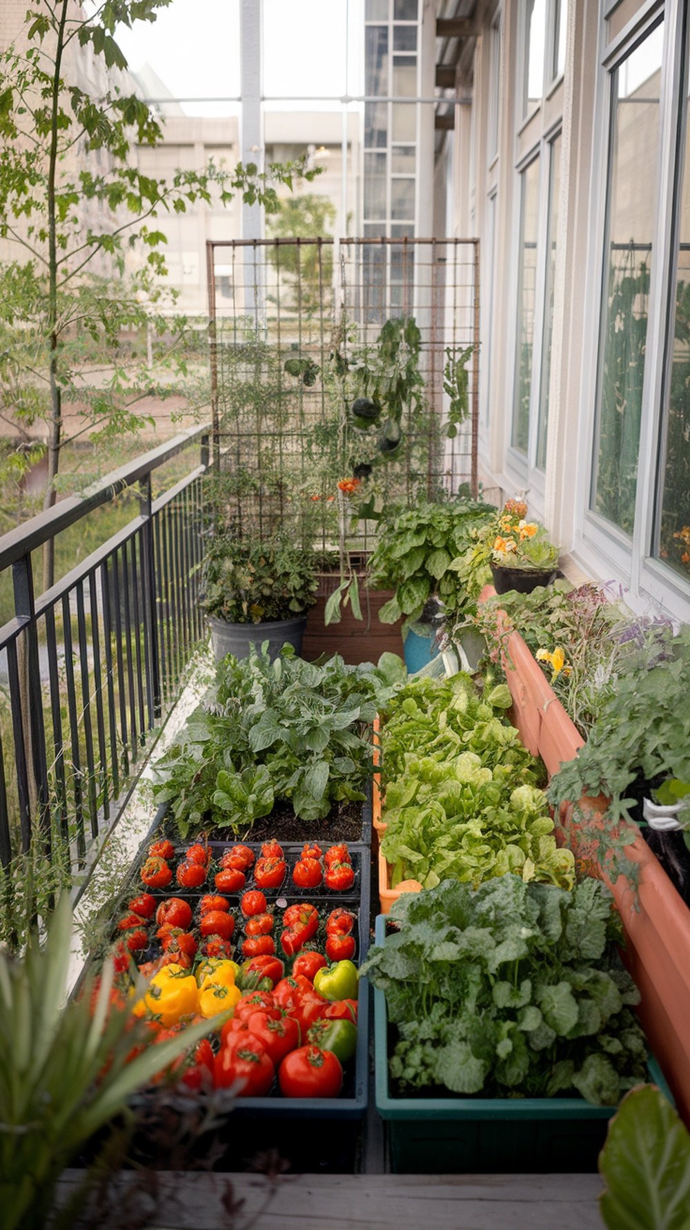 A compact container vegetable garden on a balcony, featuring tomatoes, peppers, and leafy greens in various containers.
