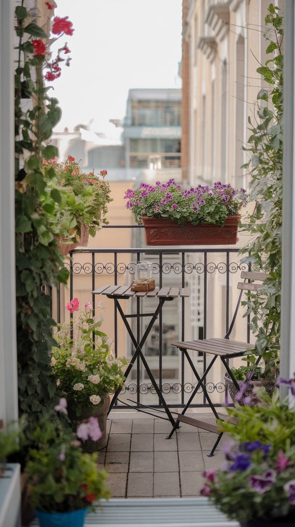 A small balcony with a wooden table and chair surrounded by colorful flowers in pots.