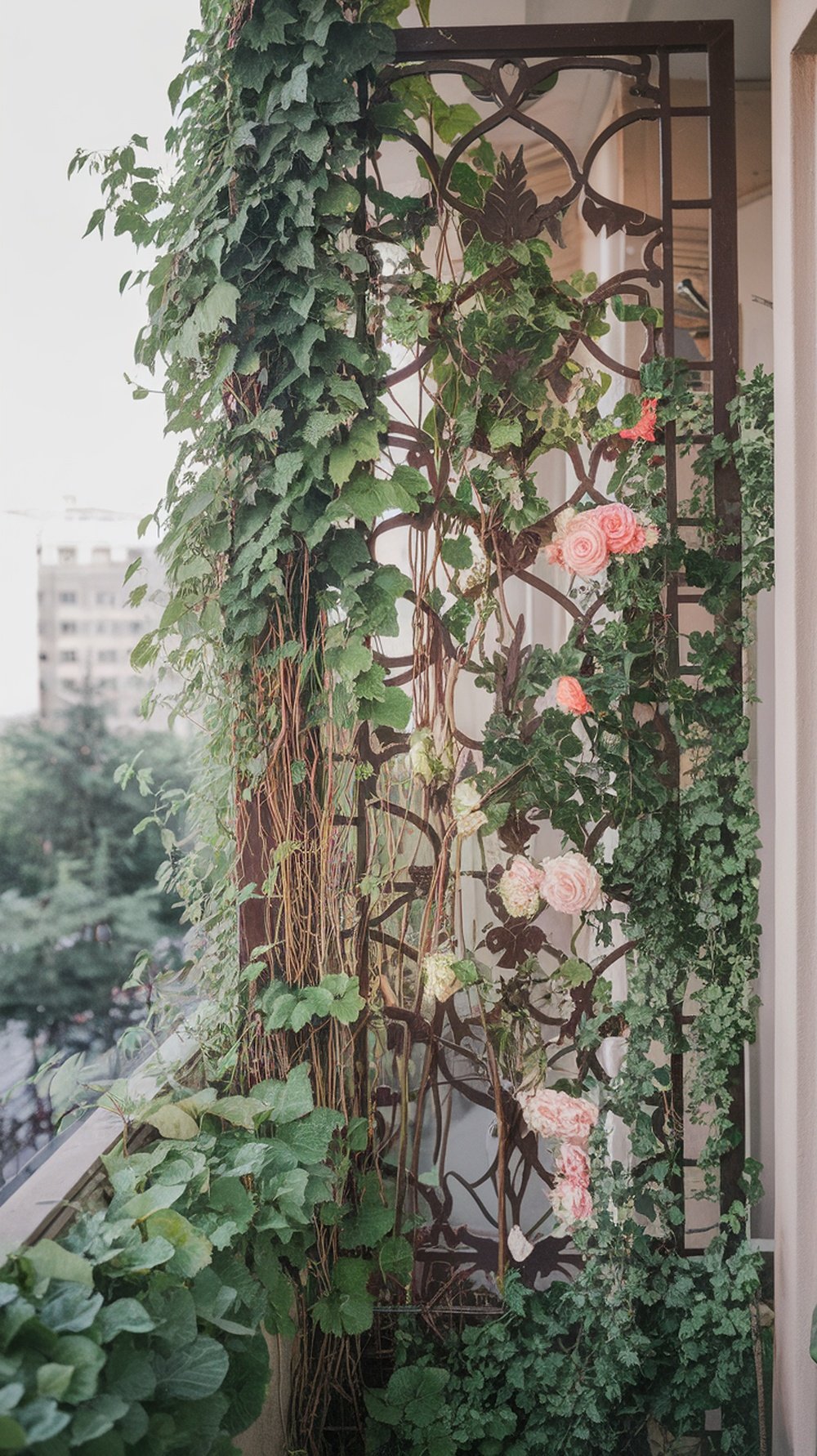A decorative trellis covered in climbing plants and flowers on a small balcony.