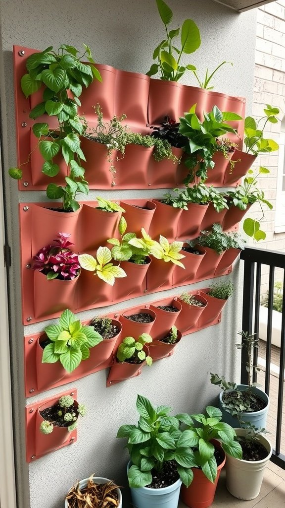 A vertical garden wall with various plants in wall-mounted planters.