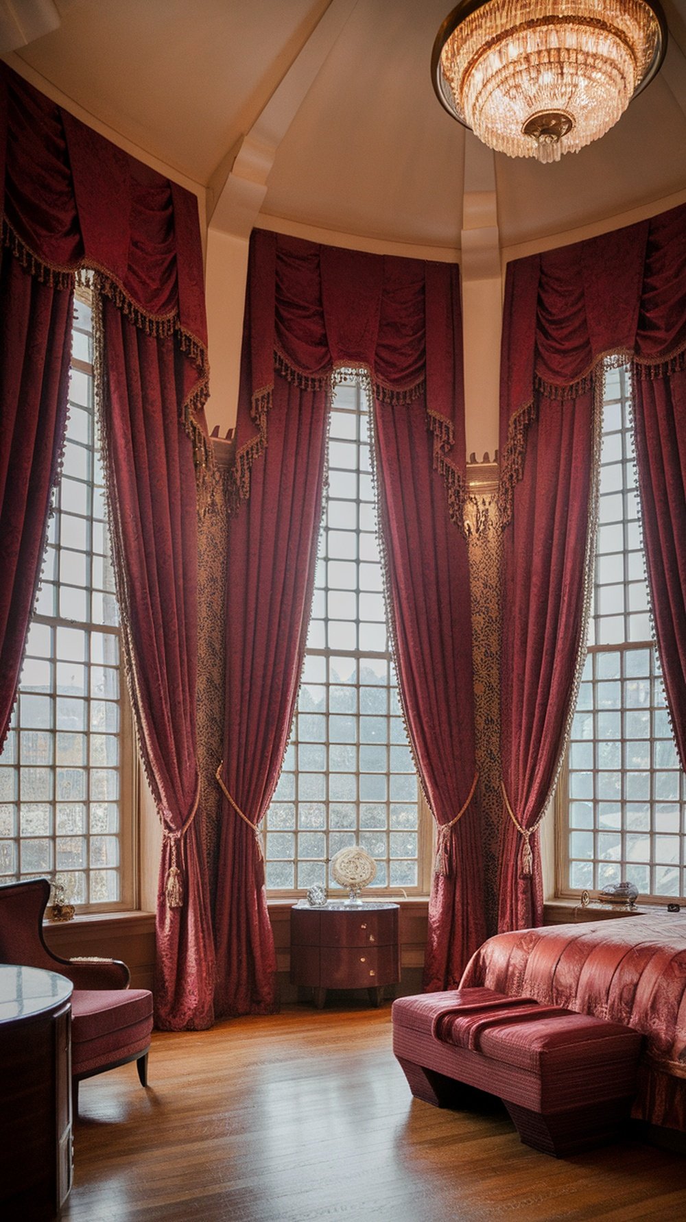 A luxurious bedroom featuring dramatic red curtains, ornate detailing, and elegant furnishings.