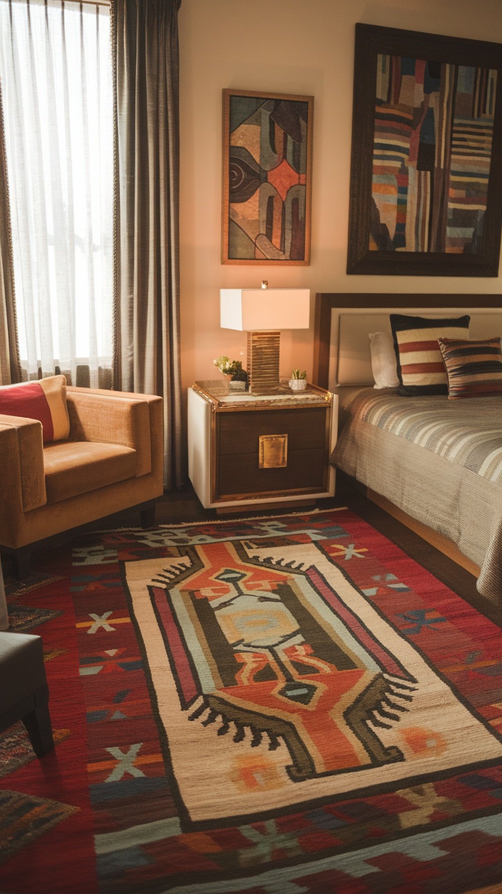 An Art Deco bedroom featuring a colorful area rug with geometric patterns, a cozy armchair, and stylish decor.