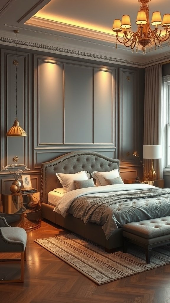 A chic grey bedroom featuring gold accents, a plush bed, elegant lighting, and modern decor.