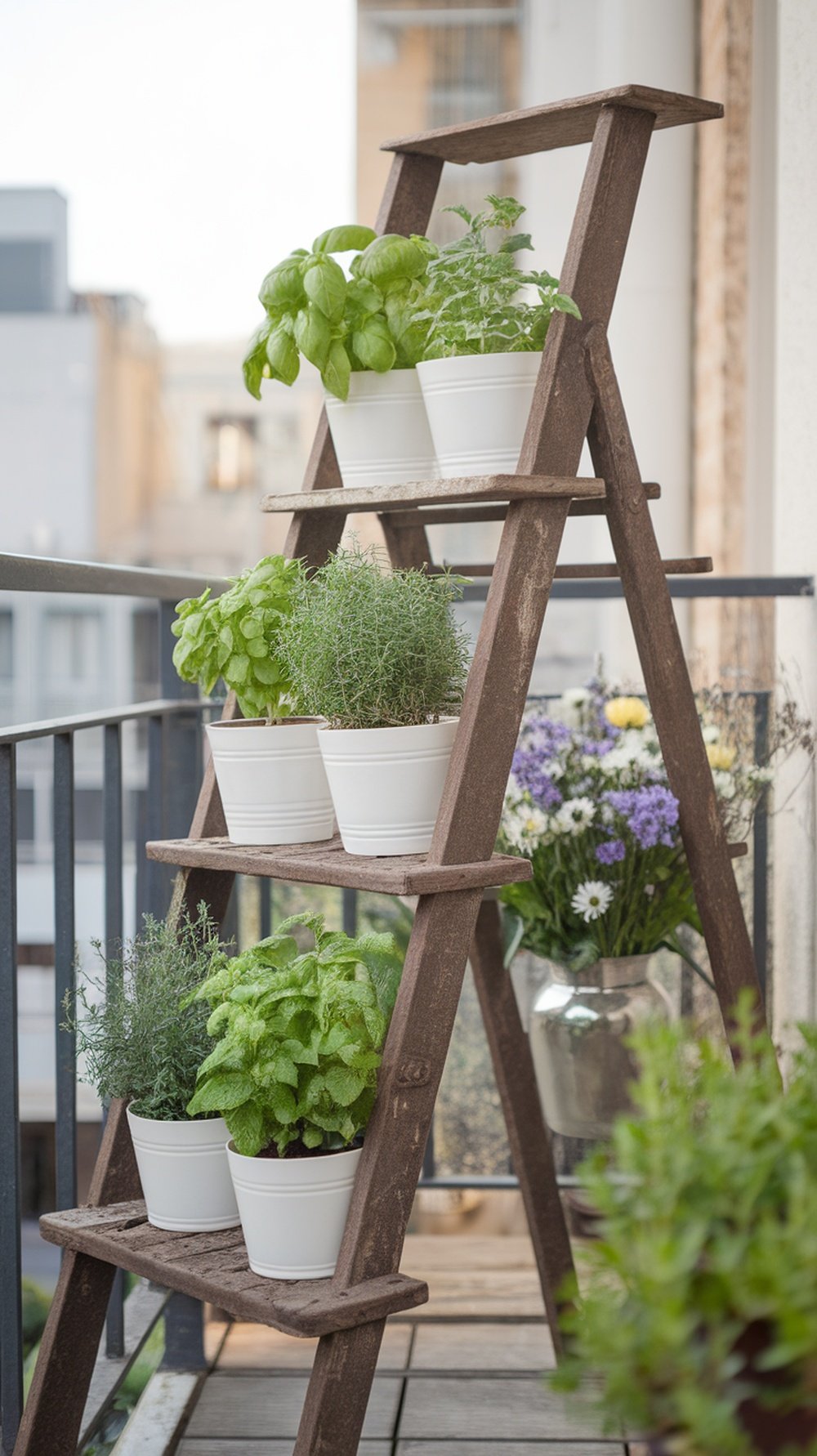 A wooden ladder with white pots filled with various herbs on a balcony.