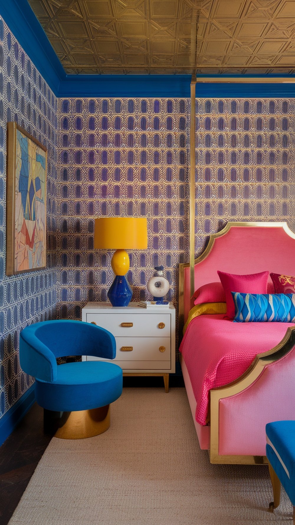 A vibrant Art Deco bedroom featuring geometric patterns and bold colors, with a pink bed, blue chair, and yellow lamp.