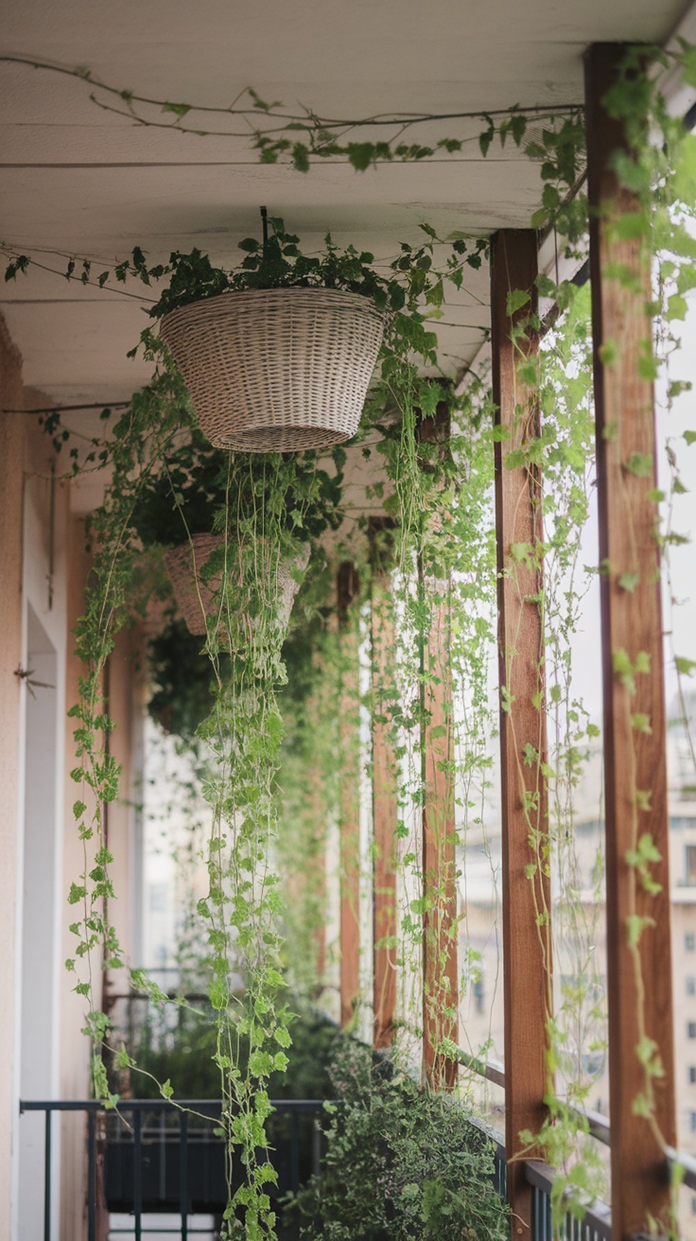 Hanging planters with trailing vines on a balcony