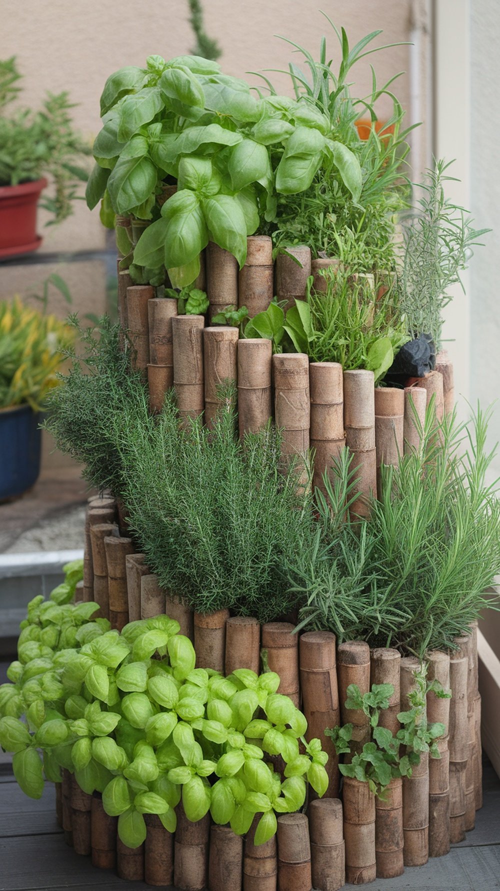 A spiral garden made of wooden logs filled with various herbs like basil, rosemary, and thyme.
