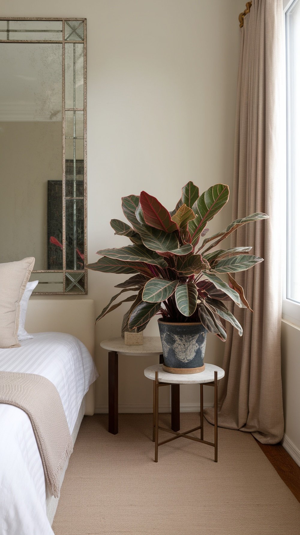 A vibrant indoor plant in a stylish pot next to a bed in a cozy bedroom setting.