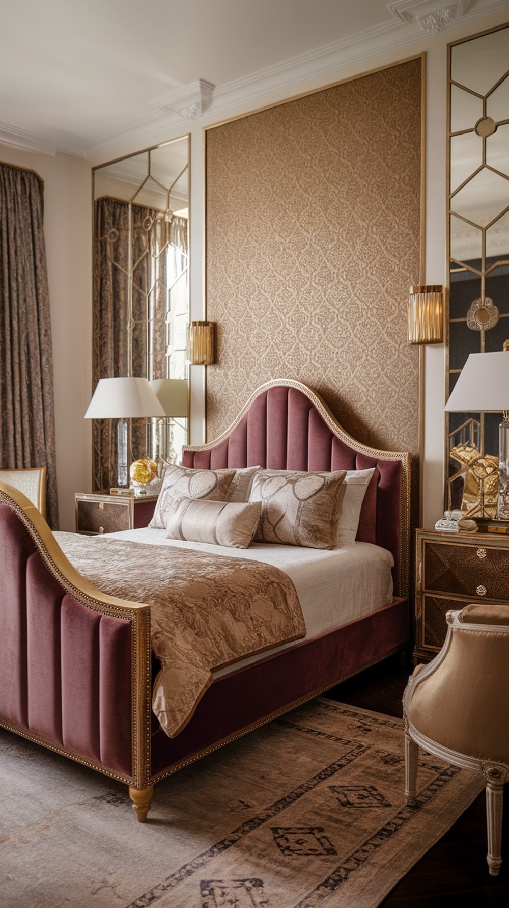Luxurious Art Deco bedroom featuring a velvet upholstered bed, elegant decor, and warm lighting.
