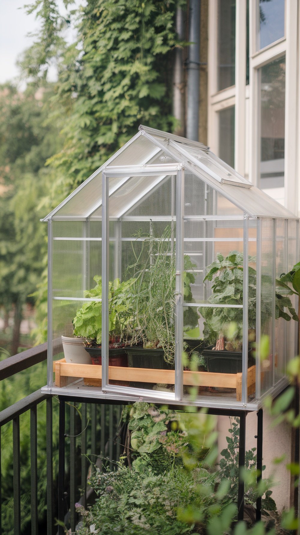 A mini greenhouse on a balcony filled with small plants like lettuce and herbs.