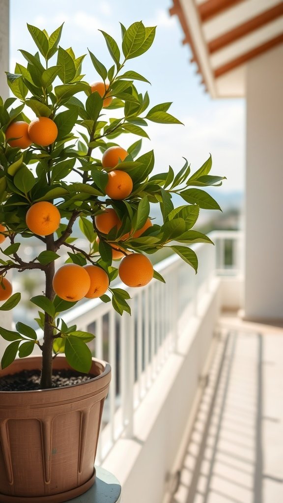 A small potted orange tree with ripe oranges on a balcony.
