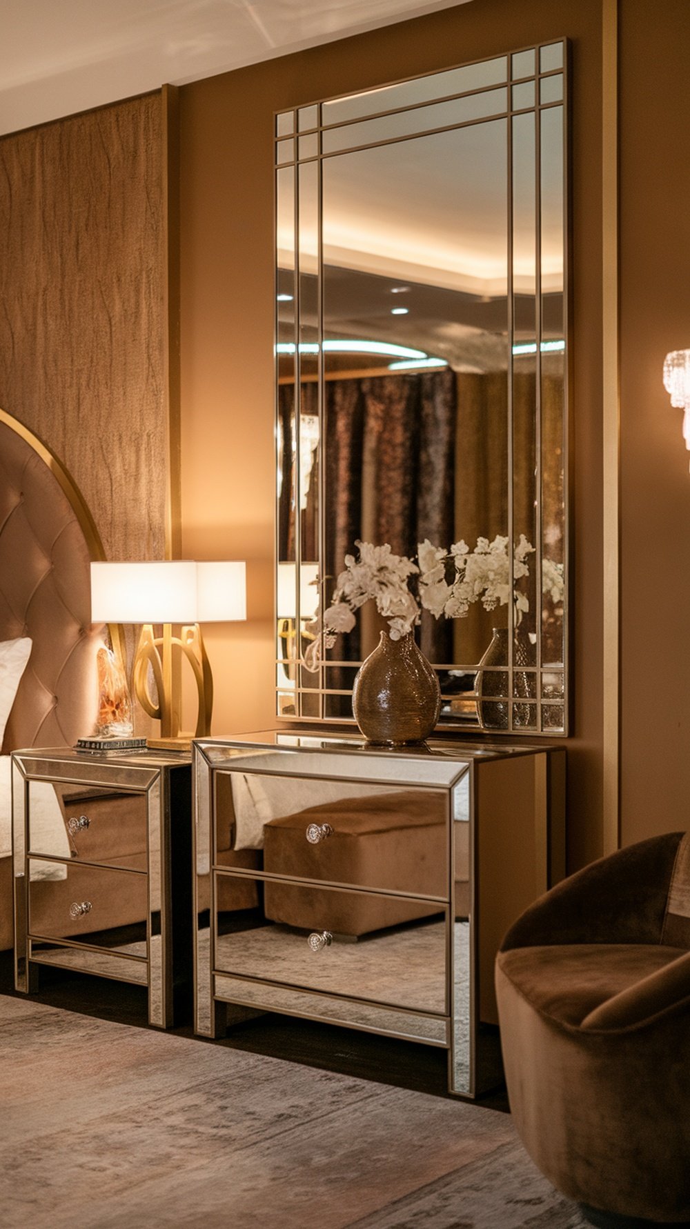 A stylish bedroom featuring mirrored nightstands, a large mirror, and warm-toned walls.