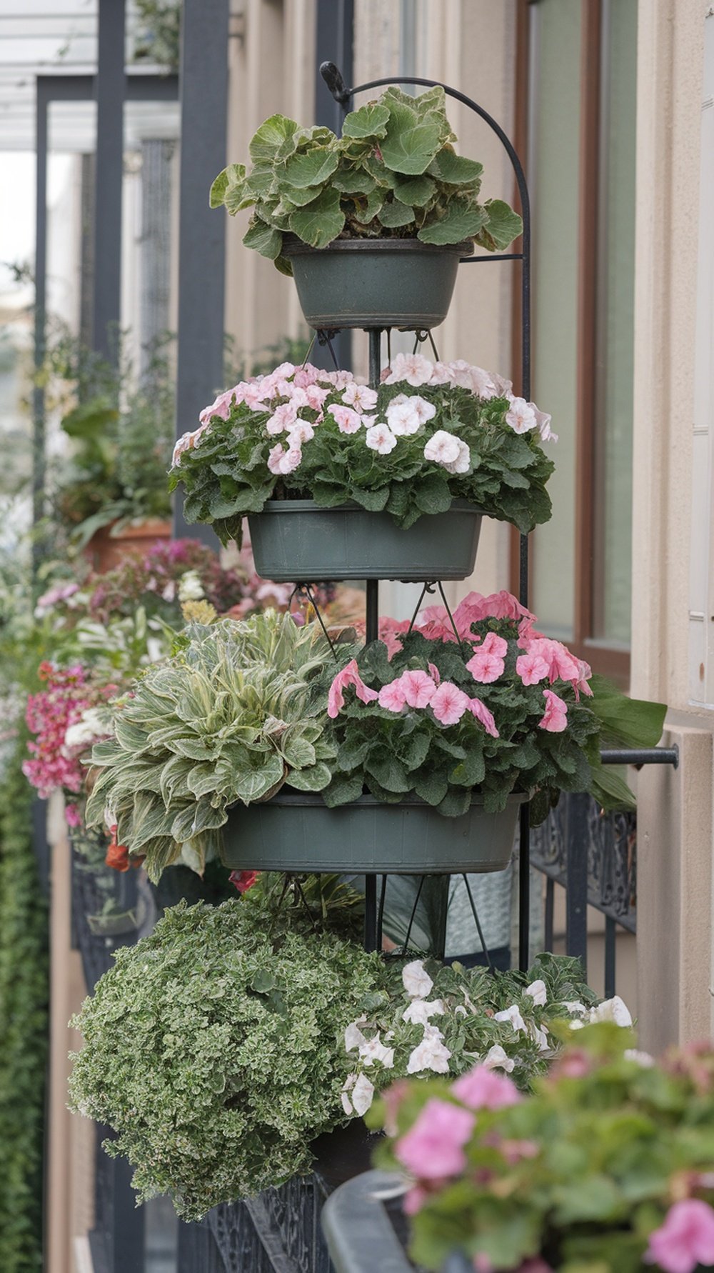 A multi-tiered plant stand filled with colorful flowers and greenery on a balcony.