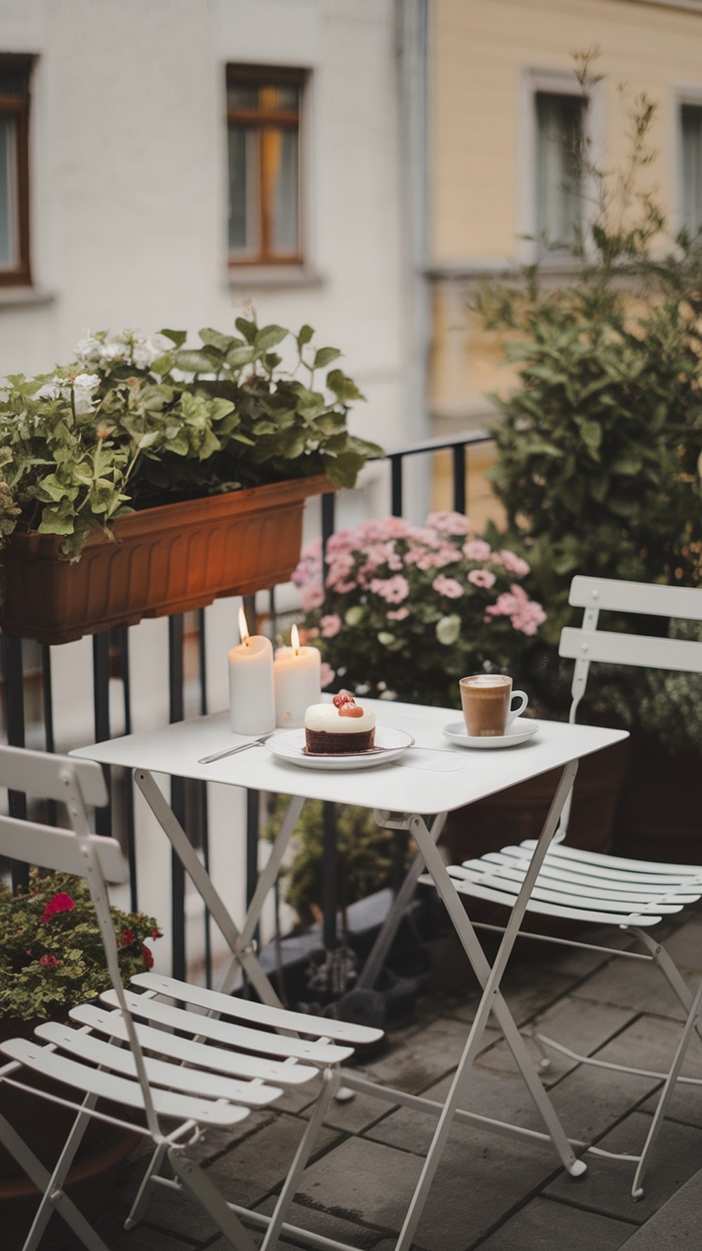 A small balcony with a white table set for outdoor dining, featuring candles, a slice of cake, and a cup of coffee, surrounded by flower pots.