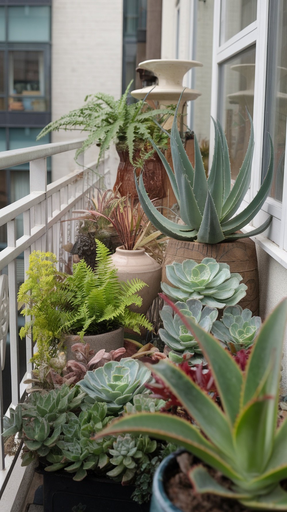 A pet-friendly balcony garden featuring various plants including ferns and succulents arranged in pots.