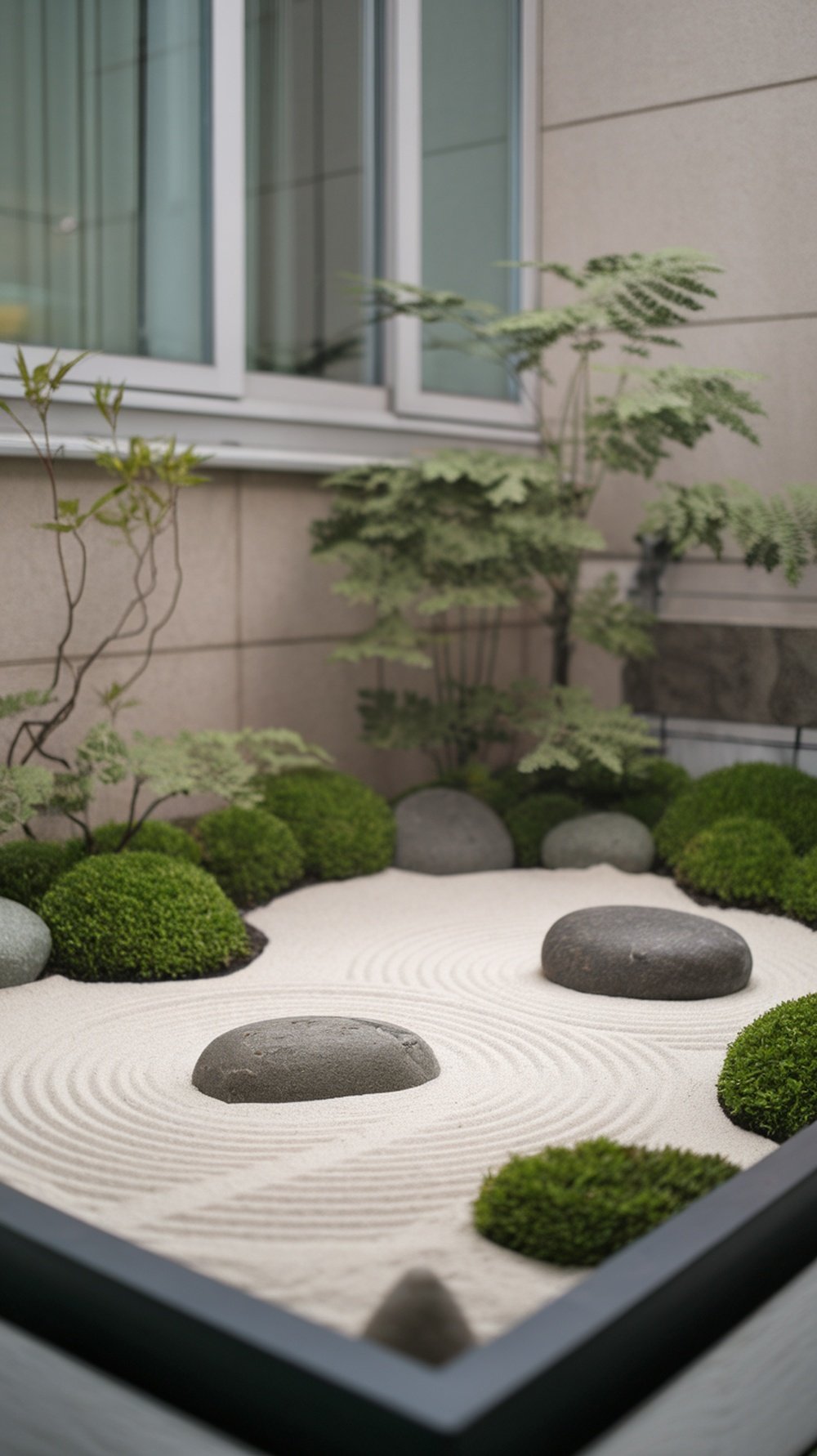 A Zen garden on a small balcony featuring smooth stones, moss, and raked sand.