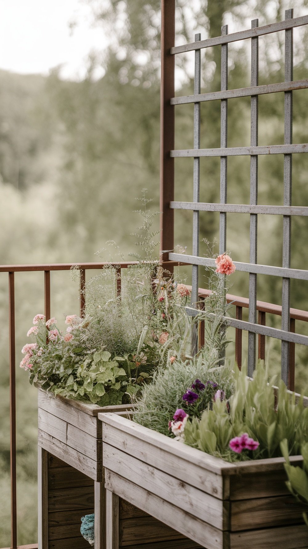 Rustic wooden planter boxes filled with colorful flowers and greenery on a balcony