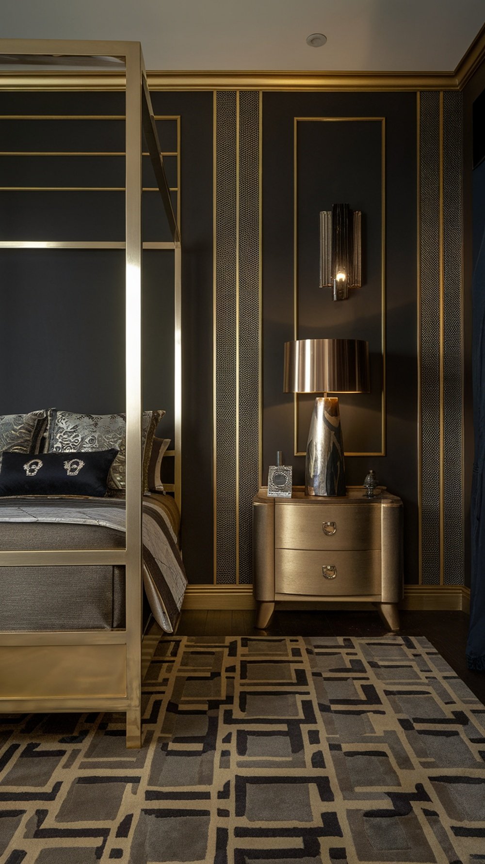 A stylish Art Deco bedroom featuring a metallic bed frame, bedside table, and lamp against dark walls.