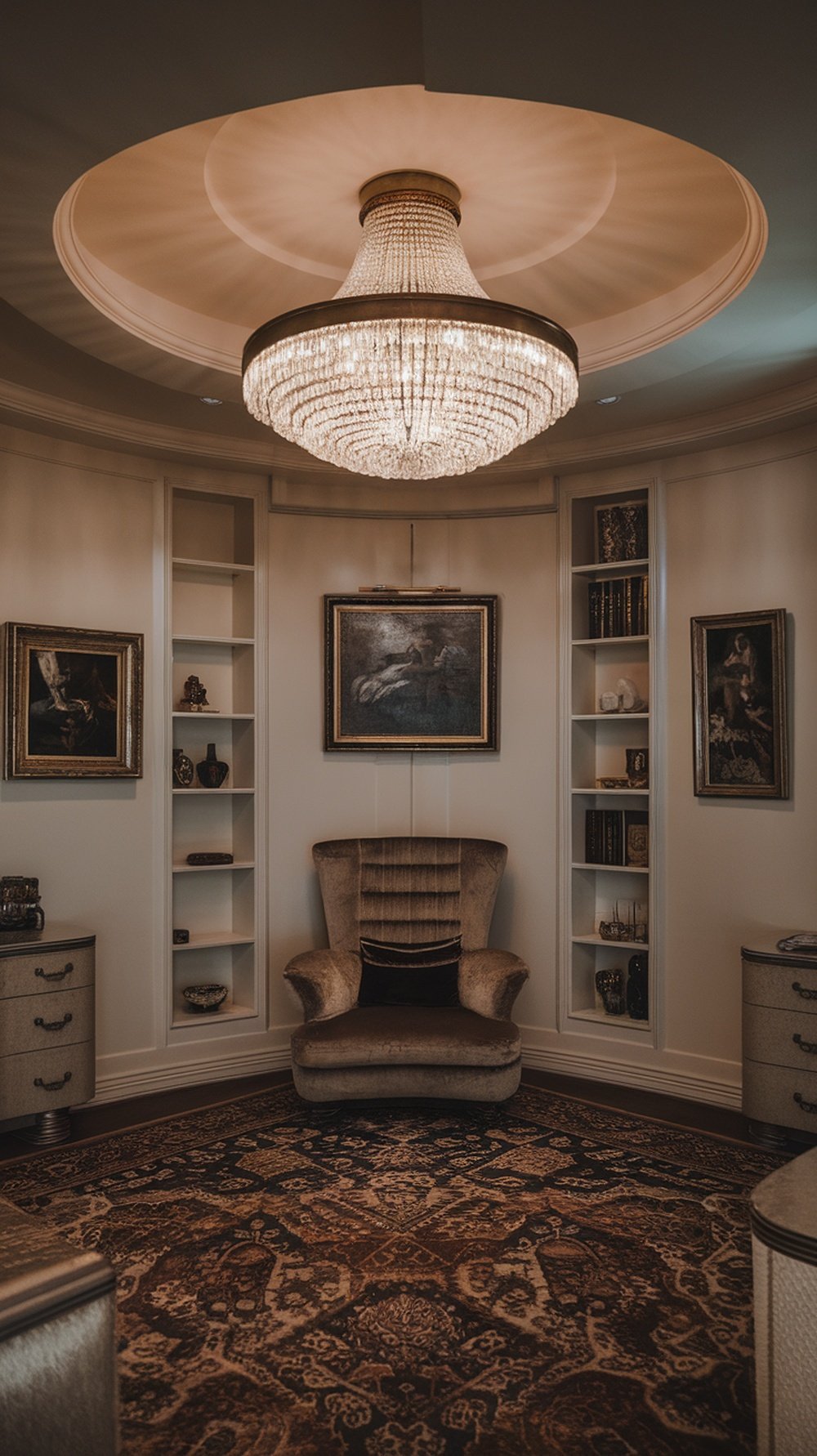 A luxurious chandelier hanging from a ceiling in an Art Deco styled bedroom, surrounded by elegant decor.