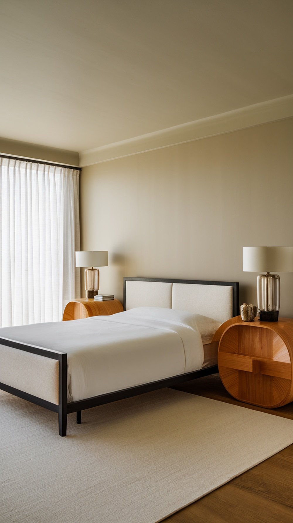 Stylish Art Deco bedroom with sleek bedside tables and warm lighting