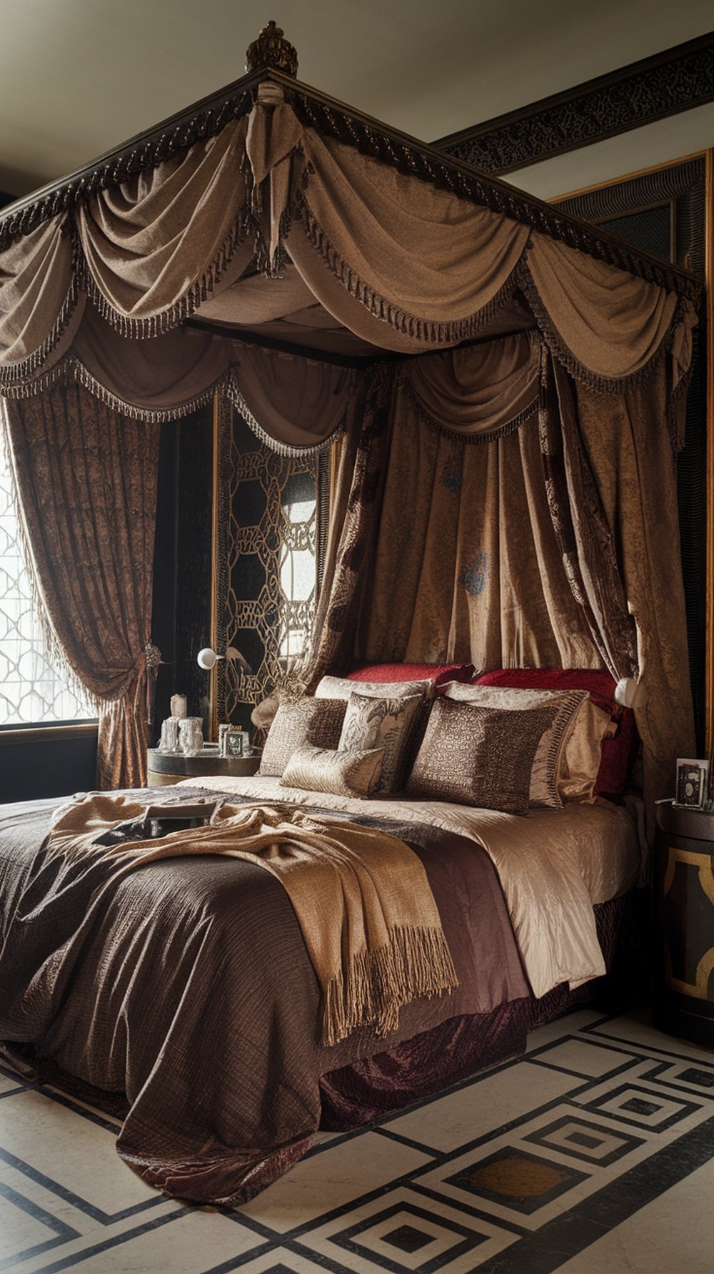 A luxurious Art Deco canopy bed with rich fabrics, intricate details, and warm tones.