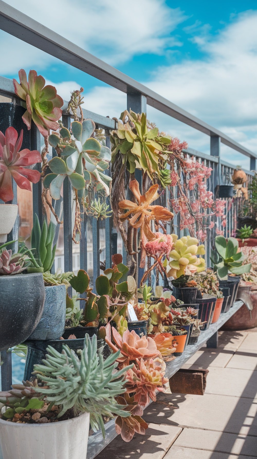A vibrant display of various succulents arranged on a balcony railing.