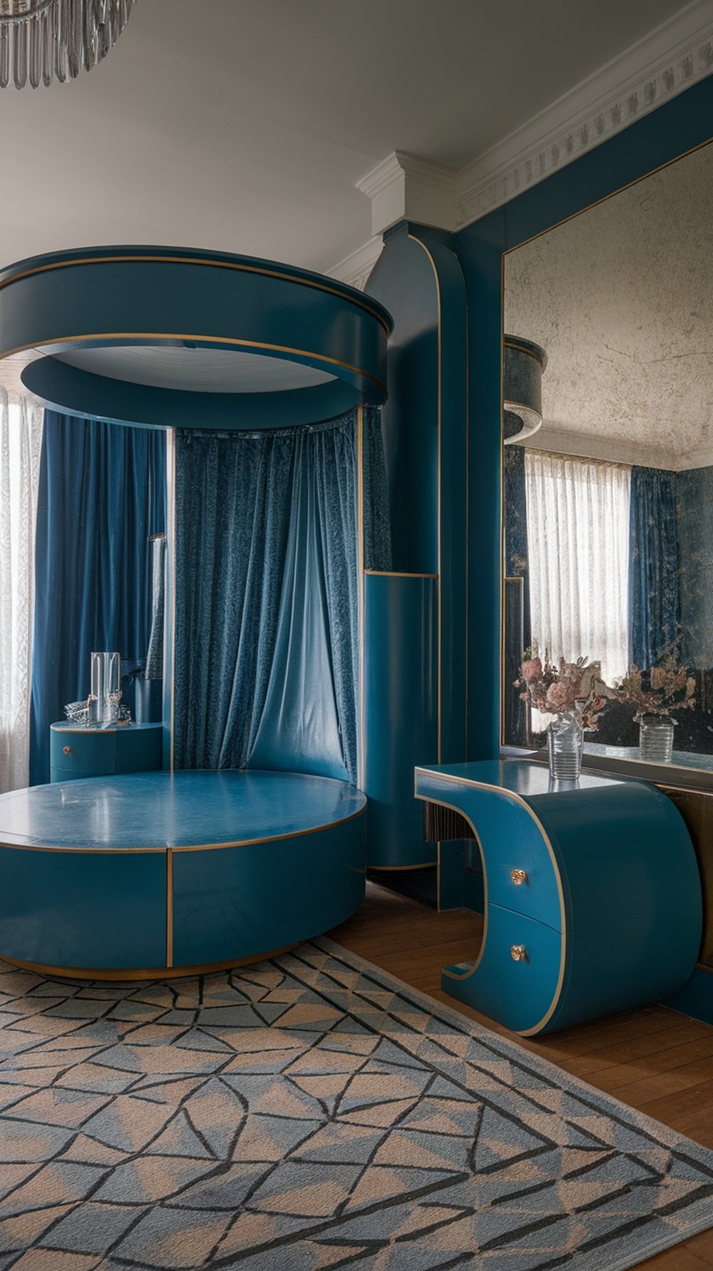 Art Deco bedroom featuring a circular bed and uniquely shaped nightstand in blue with gold accents.