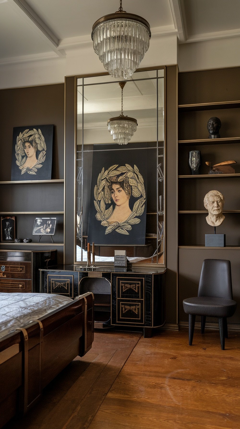 Vintage Art Deco artwork featuring a woman in a laurel wreath, with a stylish chandelier and elegant furnishings.