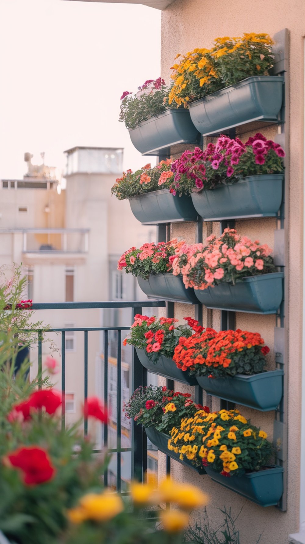 Colorful wall-mounted planters filled with flowers on a small balcony.