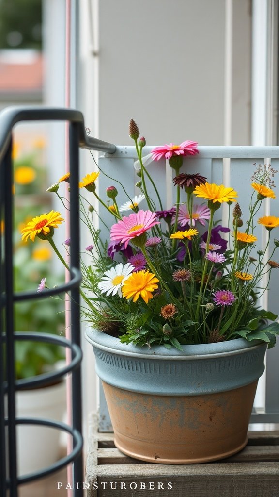 Colorful wildflowers in a pot on a balcony.