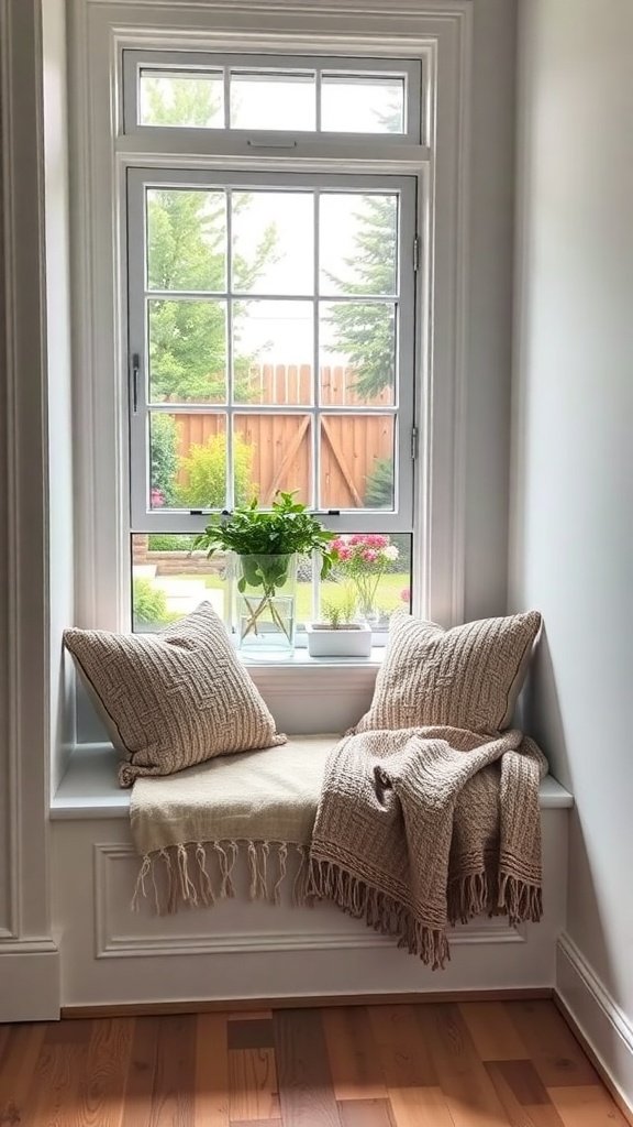 Cozy window seat with cushions and a plant, overlooking a garden.