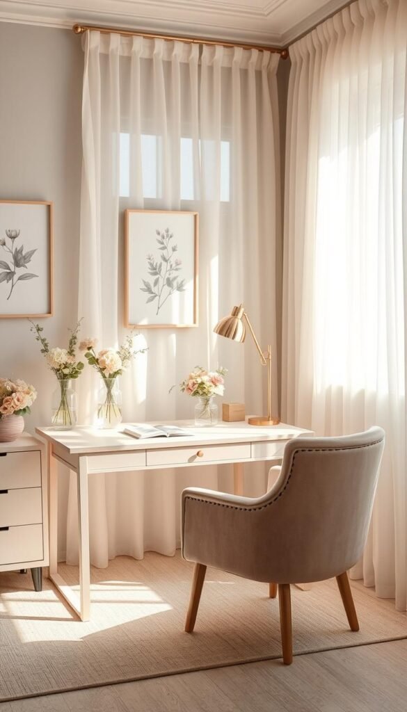 A cozy and sophisticated feminine home office, bathed in warm natural light filtering through sheer ivory curtains. The desk is a sleek, minimalist design in pale wood, paired with a plush tufted armchair in a muted blush tone. Vases of fresh flowers and delicate botanical artwork adorn the walls, creating a serene and inviting atmosphere. The color palette is a harmonious blend of soft grays, whites, and subtle hints of pink, exuding an elegant, calming ambiance. Subtle metallic accents, such as a gleaming desk lamp and picture frames, add a touch of refinement. The overall scene evokes a sense of tranquility and effortless sophistication.