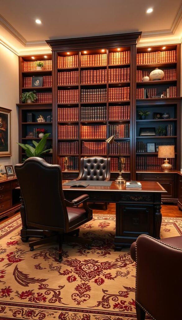 A luxurious and elegant home office setup with sophisticated furniture. The scene features a large mahogany desk with intricate carvings, paired with a plush, tufted leather office chair in a rich burgundy hue. A majestic, floor-to-ceiling bookshelf stands tall in the background, filled with leather-bound volumes and decorative accents. Soft, indirect lighting casts a warm, inviting glow throughout the space, creating an atmosphere of refined productivity. The room is adorned with tasteful wall art, potted plants, and a decorative area rug that ties the whole design together, exuding a sense of timeless sophistication.