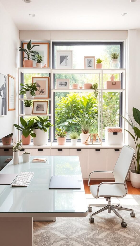 A serene, well-organized home office space, bathed in soft, natural light. The foreground features a sleek, L-shaped desk with a glass top, complemented by elegant, minimalist office accessories in pastel hues. The middle ground showcases a chic, floating shelving unit adorned with potted plants, framed artwork, and decorative storage boxes in various shades of pink and white. In the background, a large window overlooks a lush, verdant garden, creating a calming, nature-inspired ambiance. The overall mood is one of feminine sophistication and effortless productivity.
