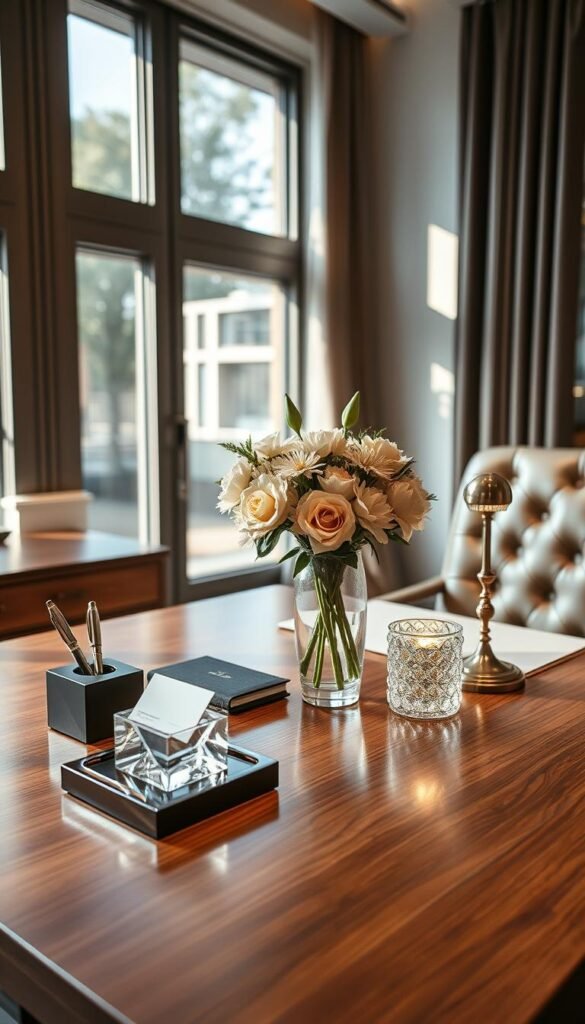 An elegant, well-appointed desk setup for a modern, stylish woman. A sleek, wooden desk with a crystal vase filled with fresh flowers as the centerpiece. Tasteful, crystal-embellished desk accessories like a pen holder, a business card holder, and a small, crystal-adorned lamp casting a warm, ambient glow. The desktop is clean and organized, complemented by a luxurious, tufted leather office chair. Soft, natural lighting filters in through large windows, accentuating the crystal elements and creating a refined, feminine atmosphere. The overall scene radiates sophistication, productivity, and a touch of glamour.