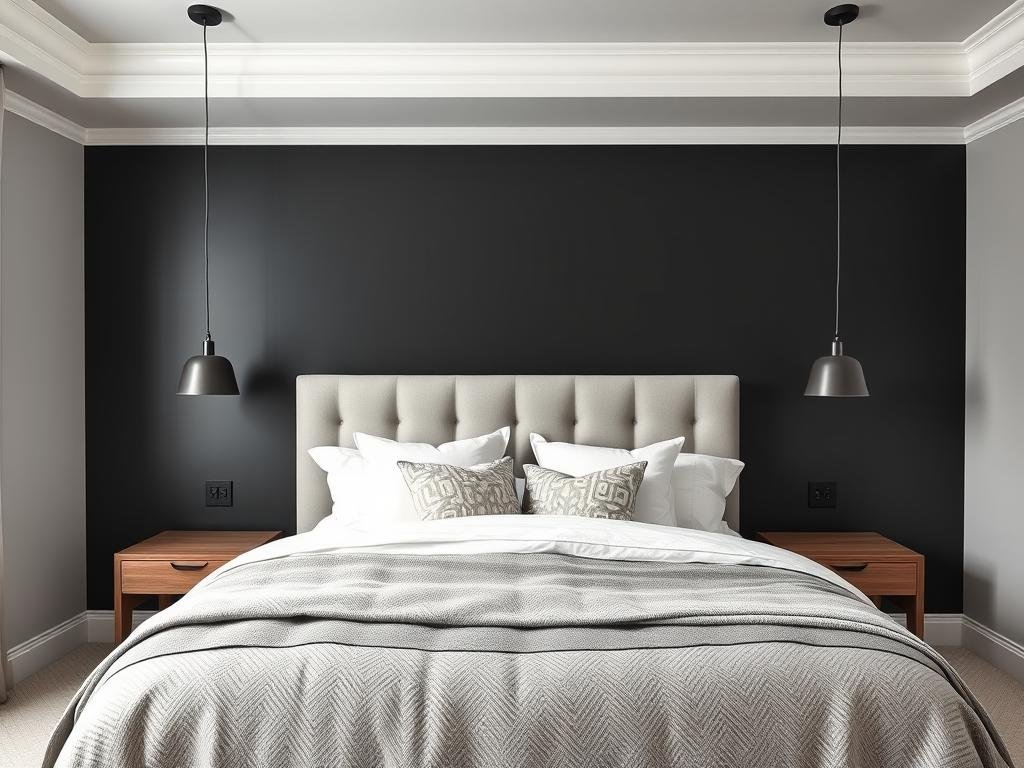 Bedroom with black accent wall behind the bed creating a focal point Bedroom with black accent wall behind the bed creating a focal point