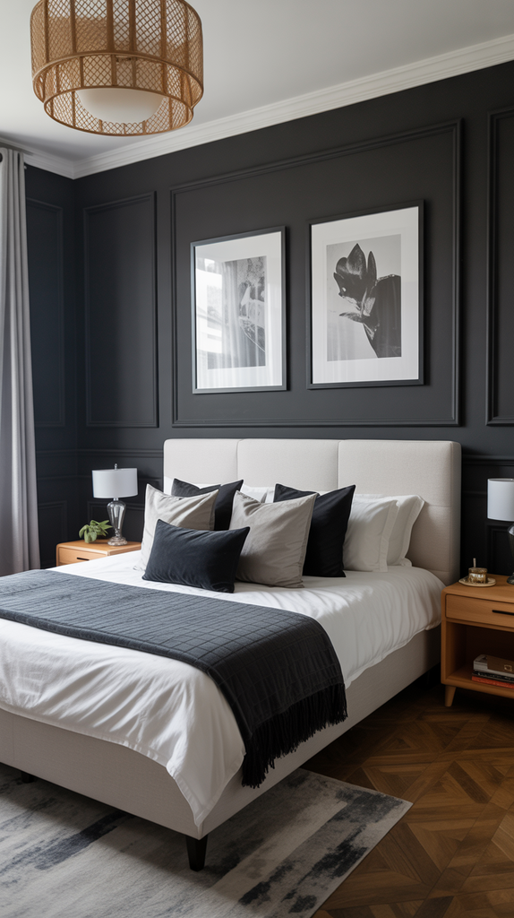 Bedroom with black walls and white furniture creating dramatic contrast Bedroom with black walls and white furniture creating dramatic contrast