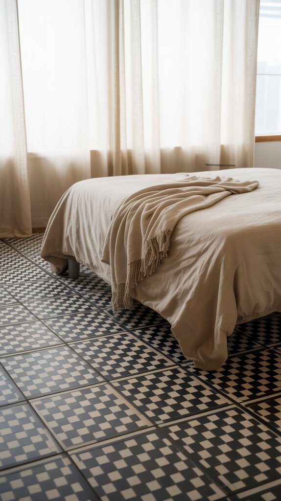 Bedroom with statement black and white patterned flooring Bedroom with statement black and white patterned flooring