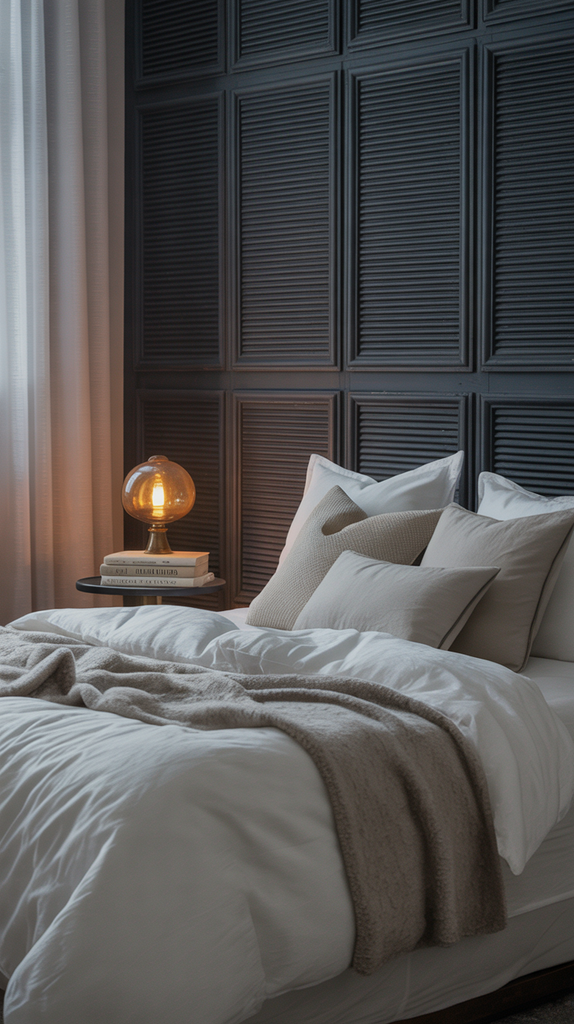 Bedroom with textured black wall paneling and white bedding Bedroom with textured black wall paneling and white bedding