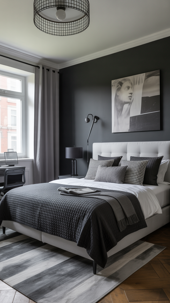 Bedroom with various shades of black, white, and gray creating depth Bedroom with various shades of black, white, and gray creating depth