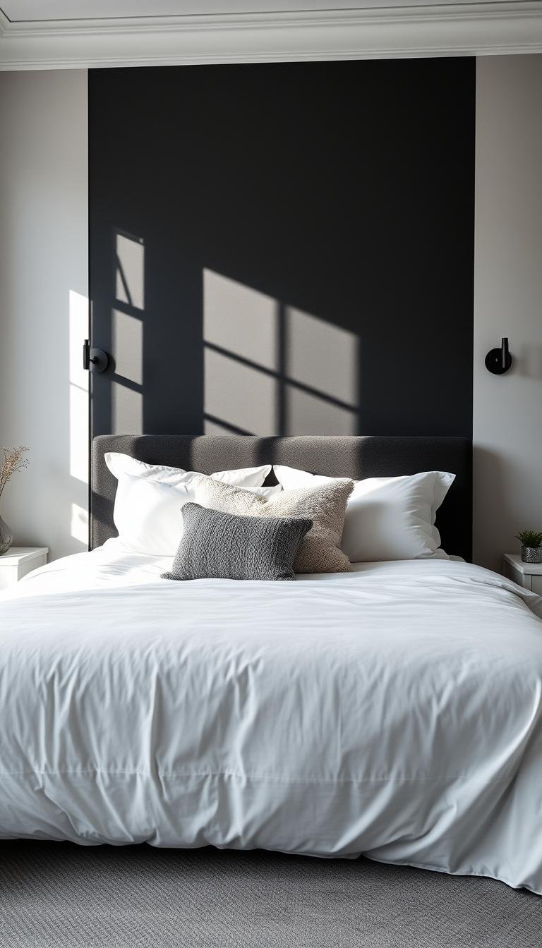 Black accent wall with white bed featuring layered textures and matte black sconces