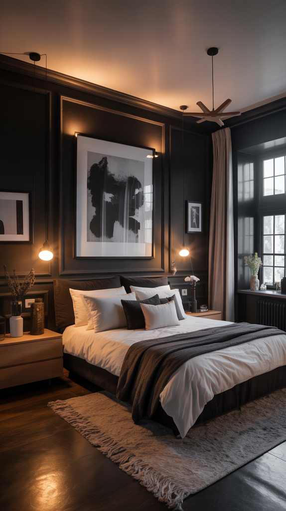 Black and white bedroom with multiple lighting sources creating warmth Black and white bedroom with multiple lighting sources creating warmth