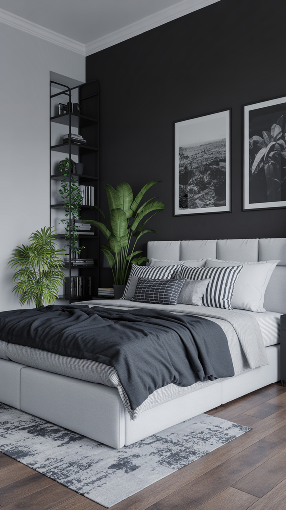 Black and white bedroom with strategic placement of green plants Black and white bedroom with strategic placement of green plants
