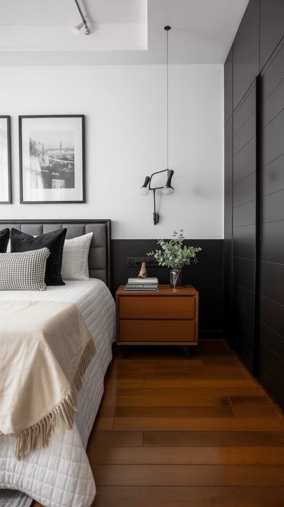 Black and white bedroom with warm wood nightstands and floor Black and white bedroom with warm wood nightstands and floor