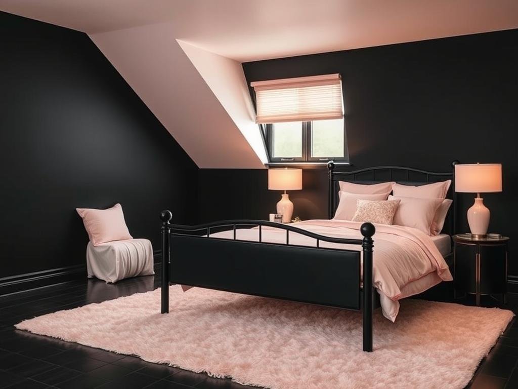 Black bedroom softened with blush pink accents creating a romantic atmosphere Black bedroom softened with blush pink accents creating a romantic atmosphere