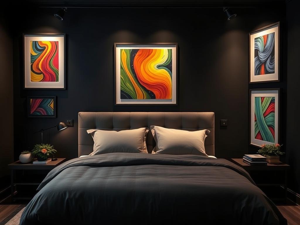 Black bedroom walls showcasing vibrant artwork that pops against the dark background Black bedroom walls showcasing vibrant artwork that pops against the dark background