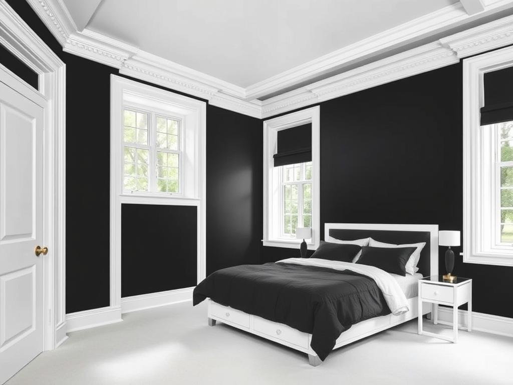 Black bedroom walls with crisp white trim creating architectural definition Black bedroom walls with crisp white trim creating architectural definition
